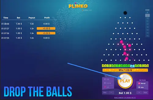 Clicca sul pulsante per rilasciare la pallina e osservala mentre rimbalza tra i perni del tabellone. Släpp Bollen